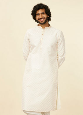 alt message - Manyavar Men Warm White Lattice Patterned Kurta Set image number 0